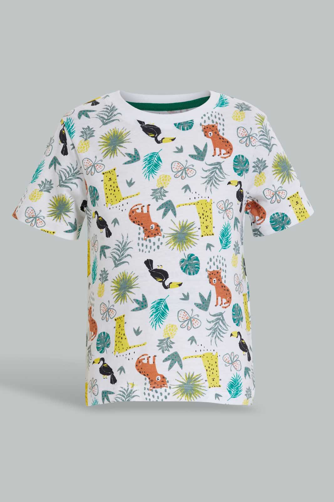 Redtag-Ecru-And-Printed-Wood-Pecker-T-Shirt-(2-Pack)-All-Over-Prints-Infant-Boys-3 to 24 Months