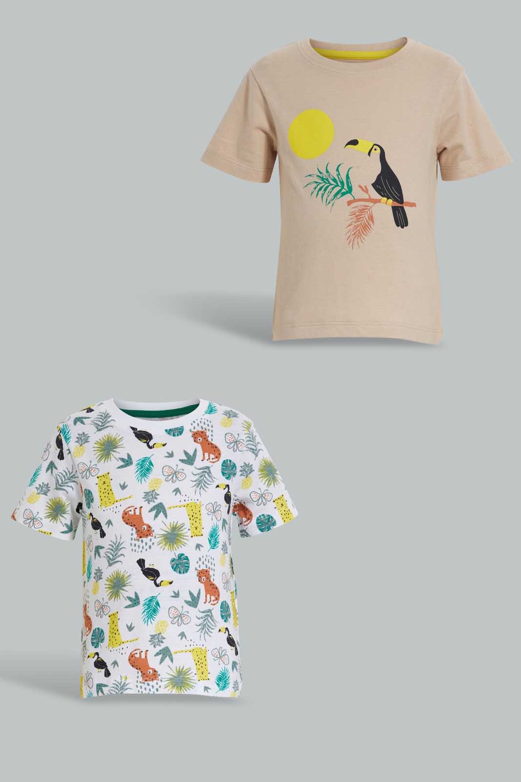 Redtag-Ecru-And-Printed-Wood-Pecker-T-Shirt-(2-Pack)-All-Over-Prints-Infant-Boys-3 to 24 Months