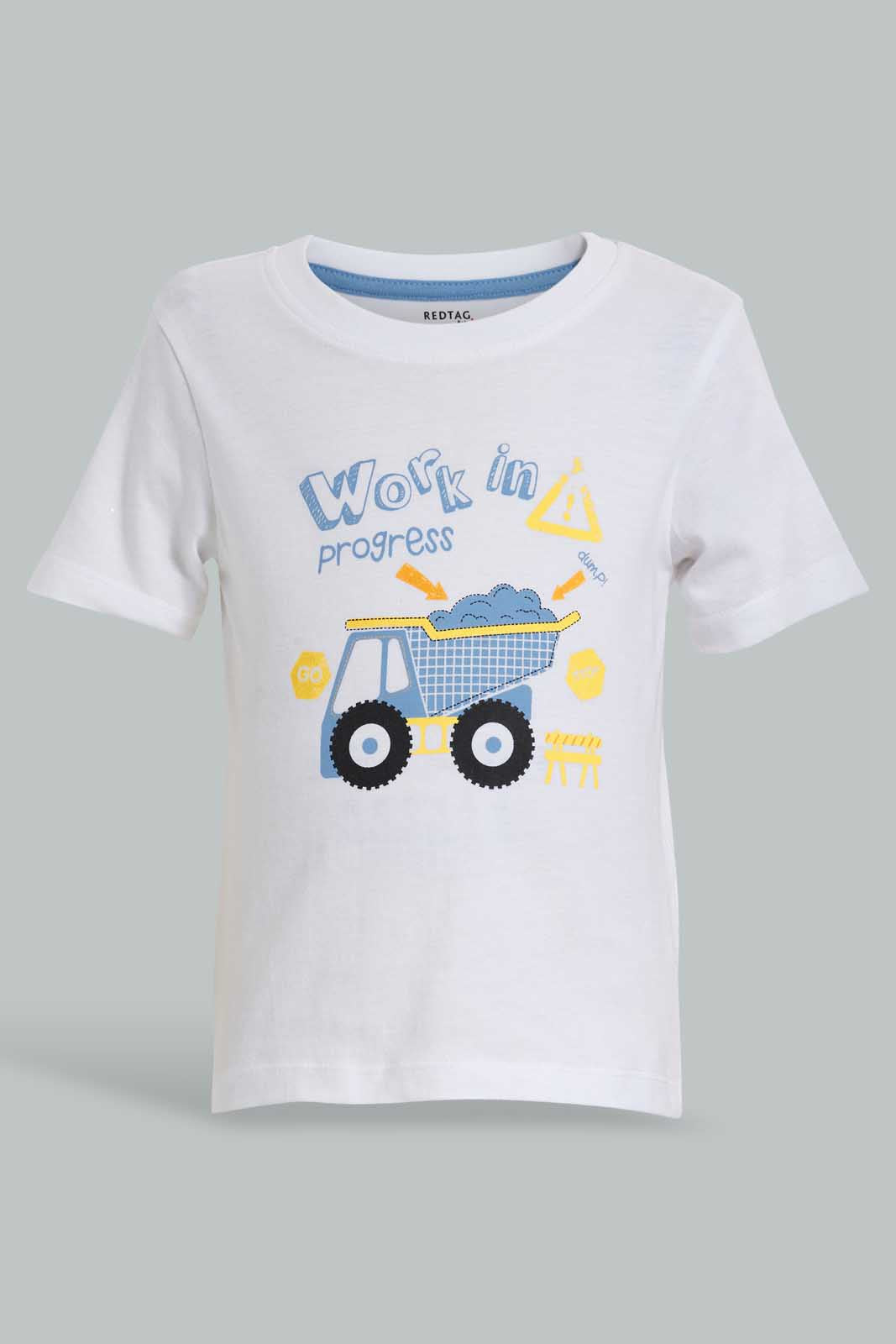 Redtag-White-And-Navy-Truch-T-Shirt-(2-Pack)-All-Over-Prints-Infant-Boys-3 to 24 Months