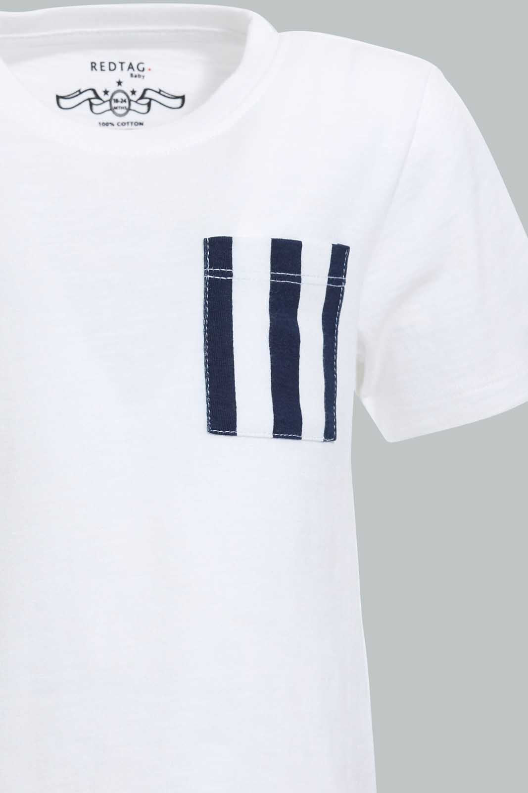 Redtag-White-Slub-Tshirt-With-Contrast-Patch-Pocket-Plain-Infant-Boys-3 to 24 Months