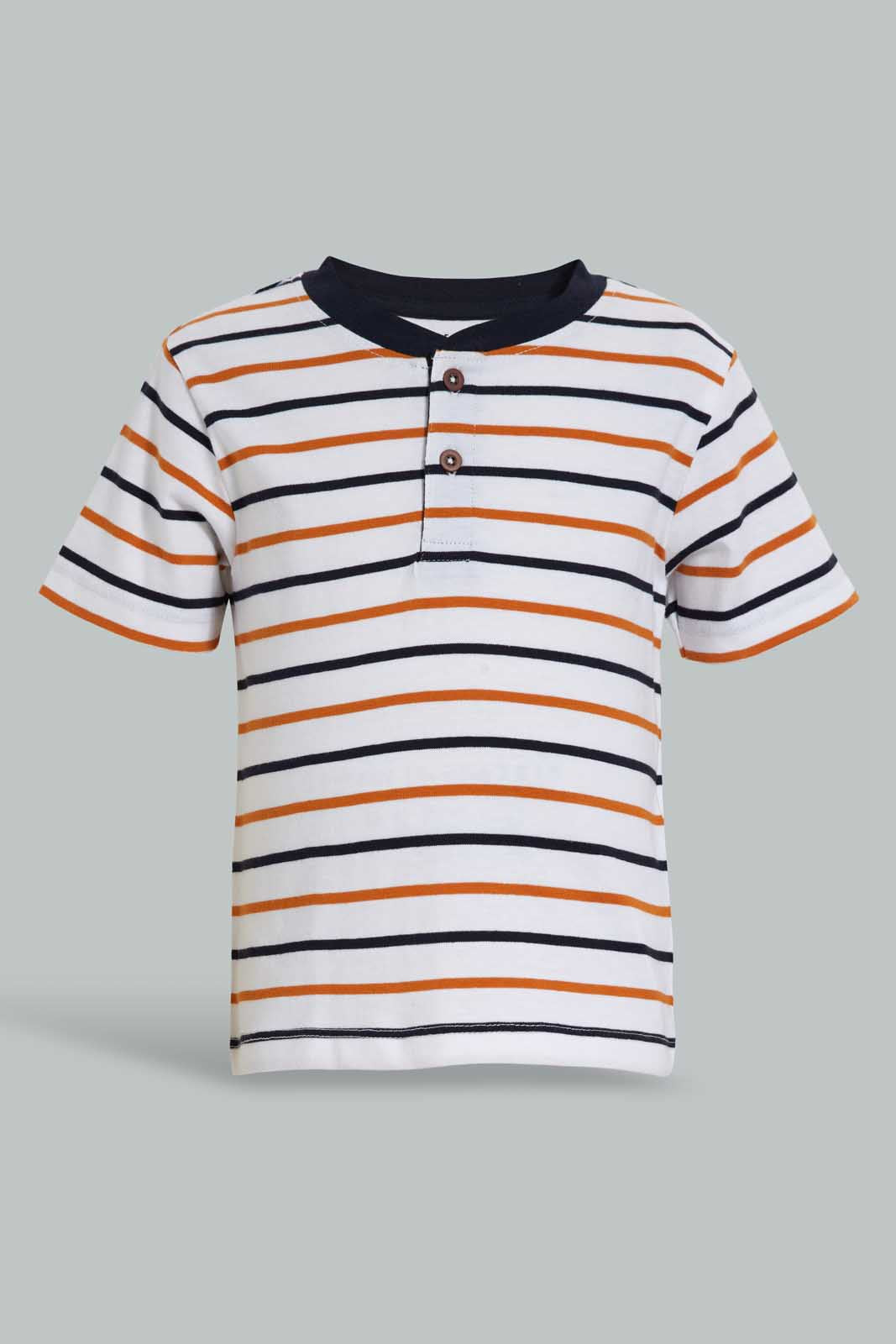 Redtag-Navy-And-Red-Striped-Henley-T-Shirt-(2-Pack)-Striped-Infant-Boys-3 to 24 Months