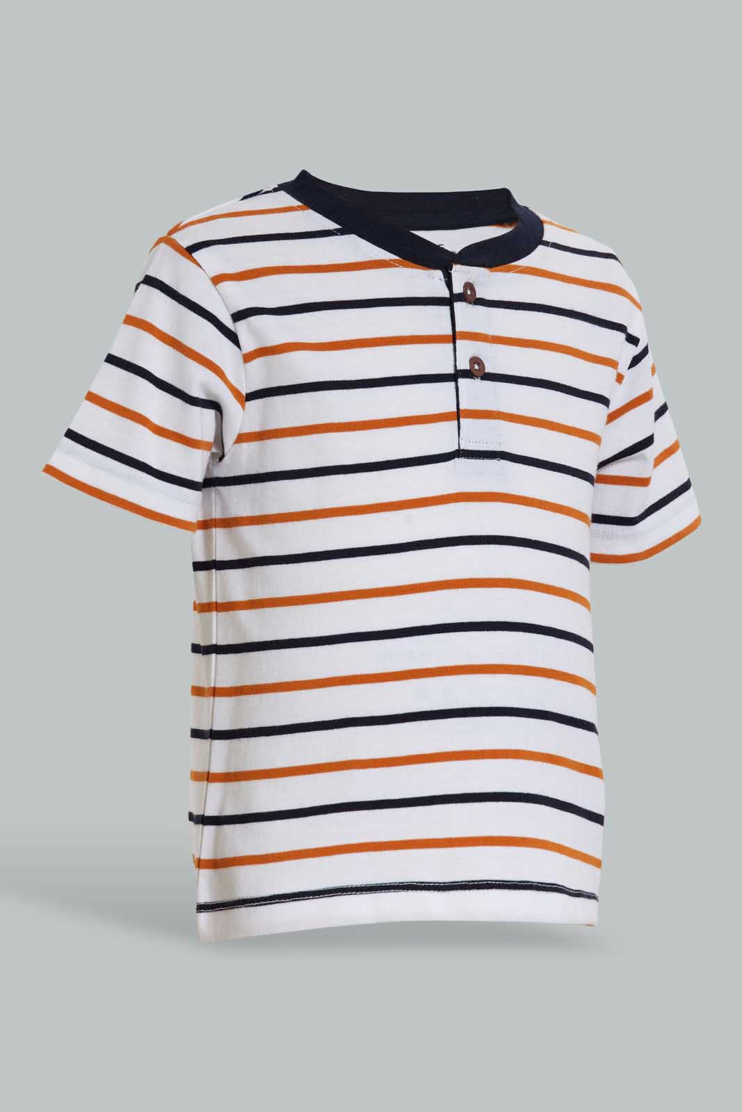Redtag-Navy-And-Red-Striped-Henley-T-Shirt-(2-Pack)-Striped-Infant-Boys-3 to 24 Months