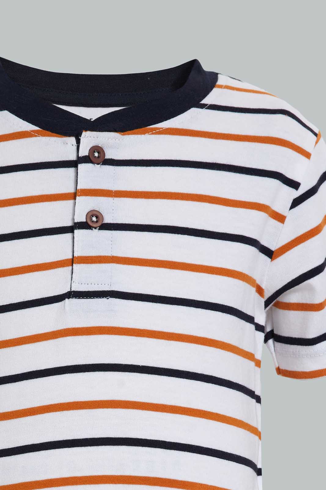 Redtag-Navy-And-Red-Striped-Henley-T-Shirt-(2-Pack)-Striped-Infant-Boys-3 to 24 Months