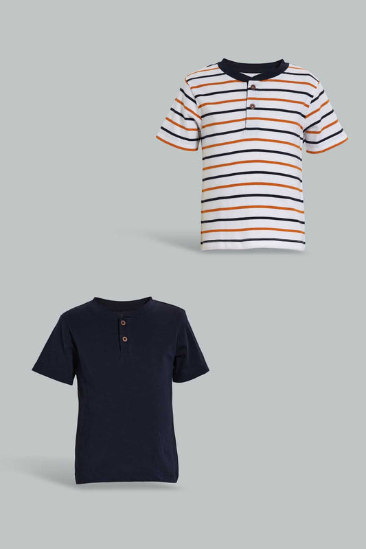 Redtag-Navy-And-Red-Striped-Henley-T-Shirt-(2-Pack)-Striped-Infant-Boys-3 to 24 Months