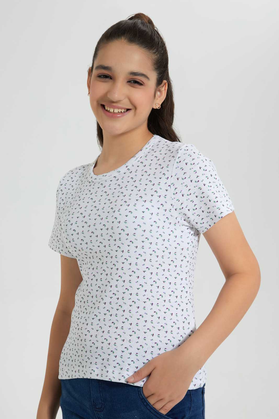 Redtag-White-Floral-Crop-Pointile-Top-Graphic-T-Shirts-Senior-Girls-9 to 14 Years