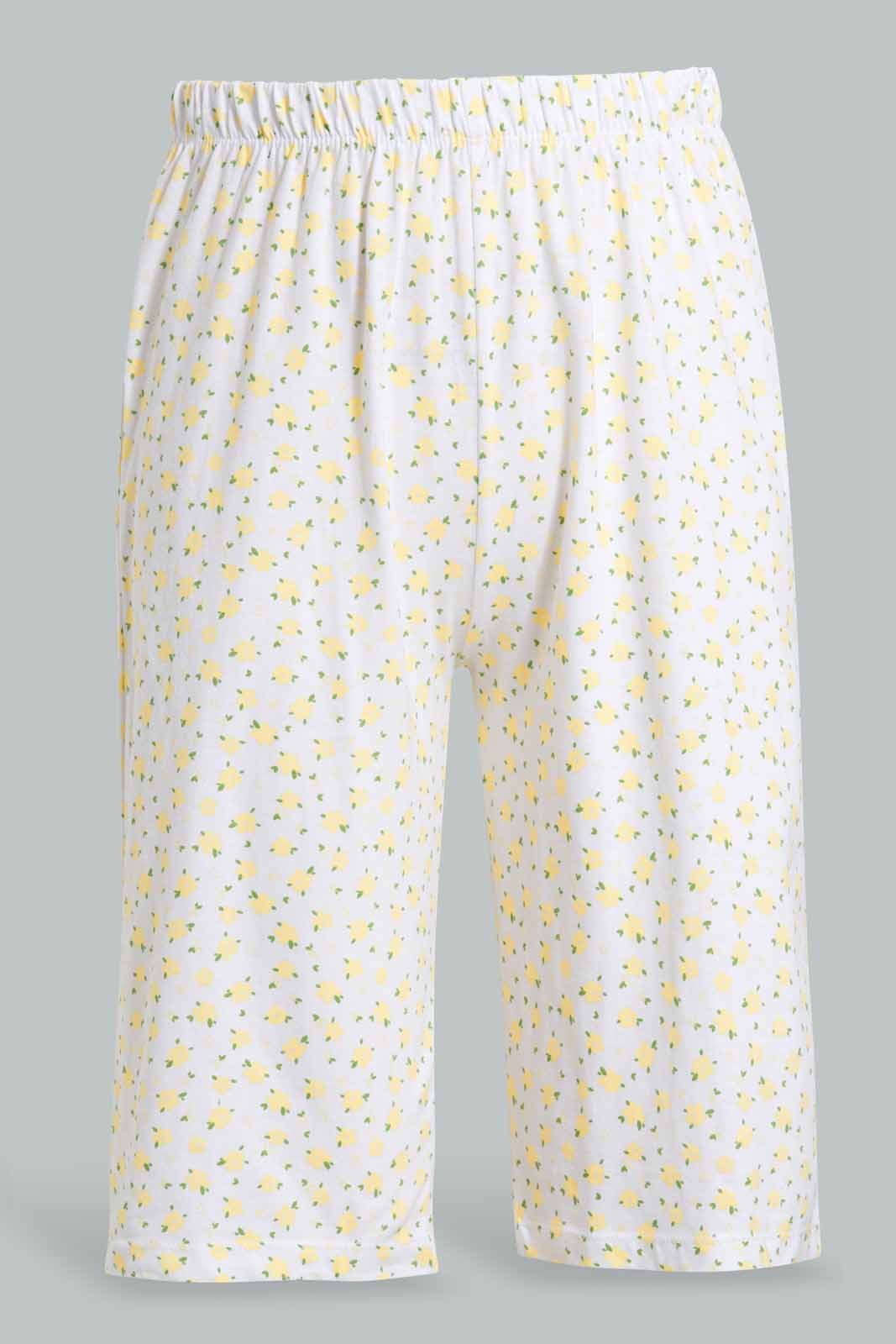 Yellow And White Printed Pyjama Set For Senior Girls (2 Piece)
