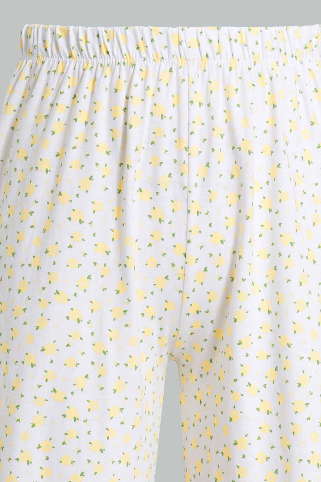 Yellow And White Printed Pyjama Set For Senior Girls (2 Piece)