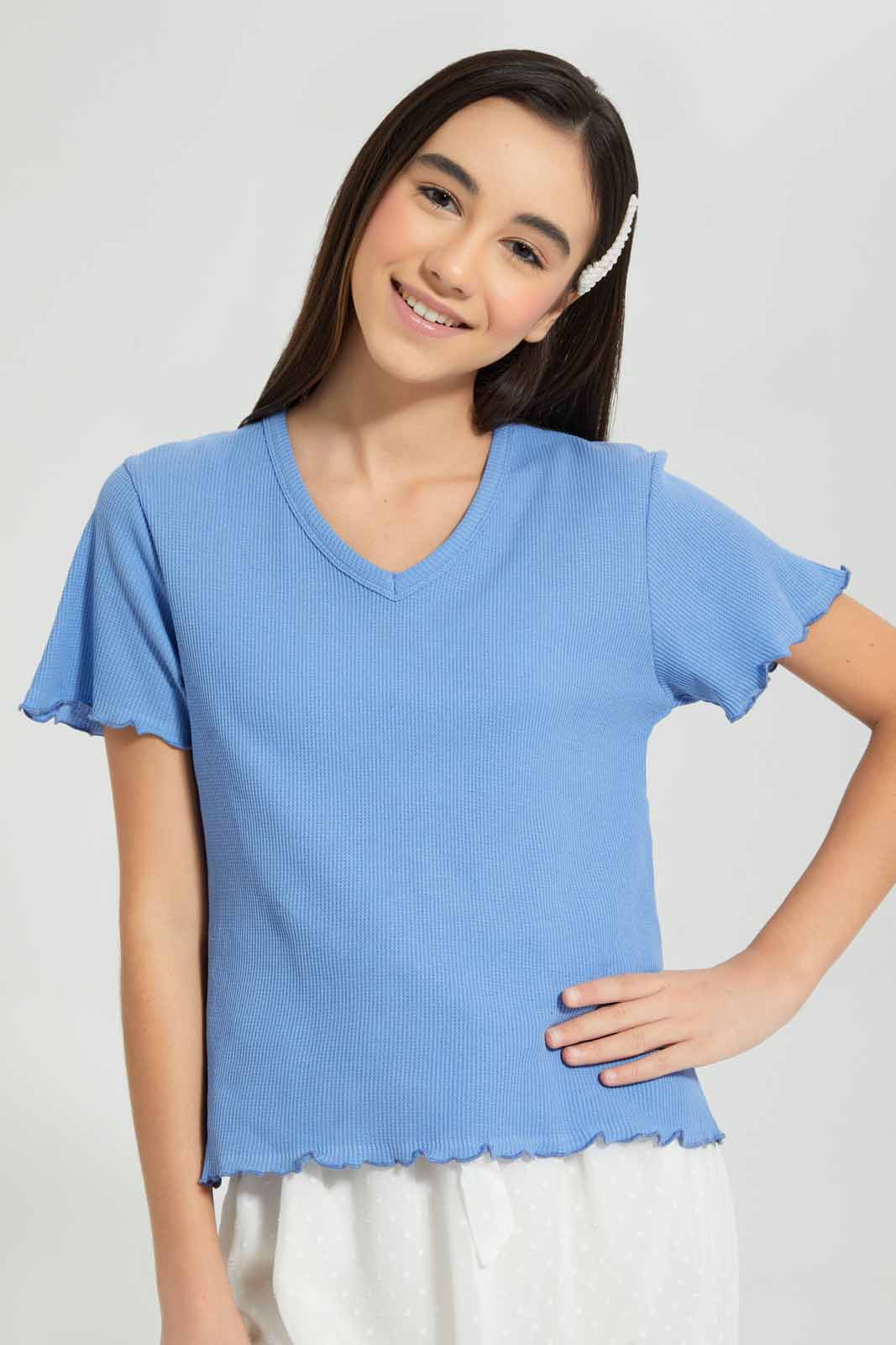 Redtag-Blue-Waffle-Top-Plain-T-Shirts-Senior-Girls-9 to 14 Years