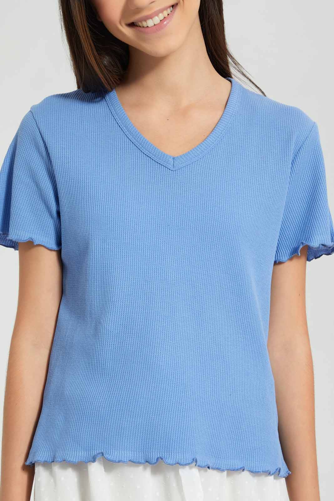 Redtag-Blue-Waffle-Top-Plain-T-Shirts-Senior-Girls-9 to 14 Years