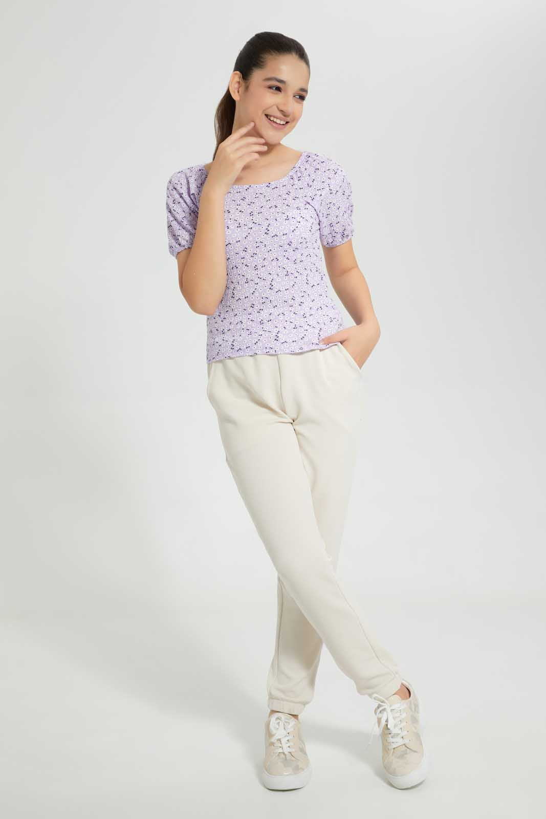 Redtag-Purple-Floral-Top-+-Pencil-Skirt-Graphic-T-Shirts-Senior-Girls-9 to 14 Years
