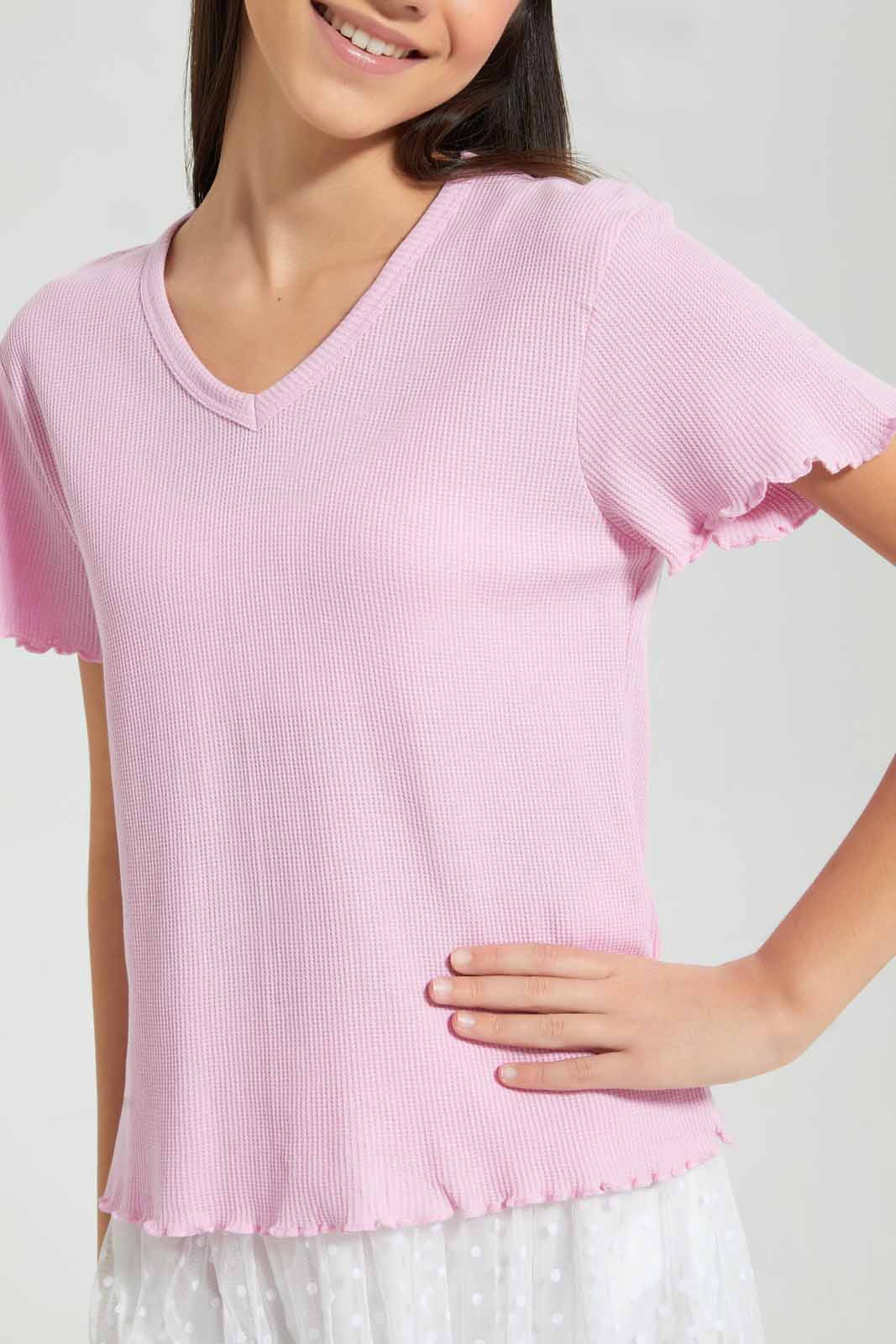 Redtag-Pink-Waffle-Top-Plain-T-Shirts-Senior-Girls-9 to 14 Years