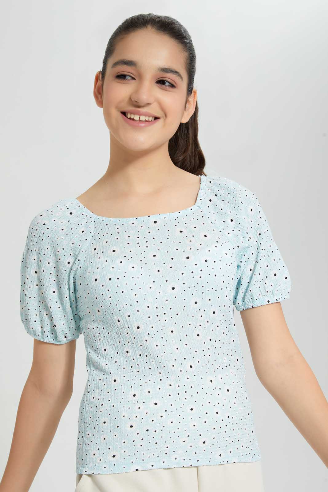 Redtag-Lt-Blue-Floral-Top-+-Pencil-Skirt-Graphic-T-Shirts-Senior-Girls-9 to 14 Years