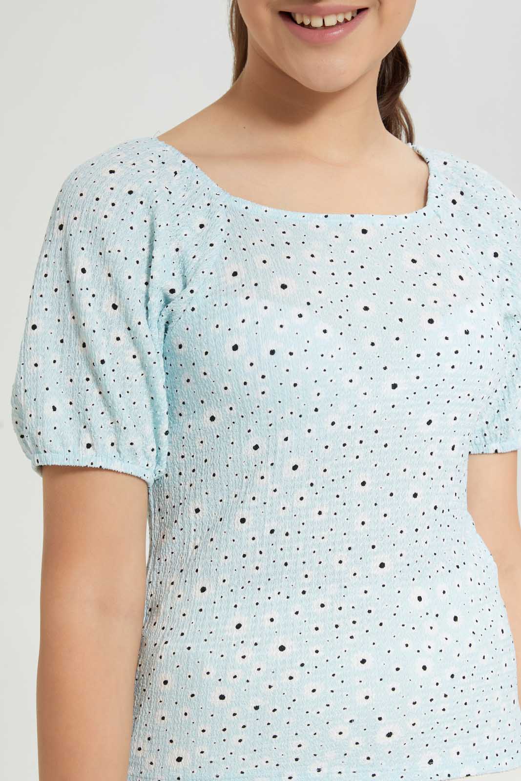 Redtag-Lt-Blue-Floral-Top-+-Pencil-Skirt-Graphic-T-Shirts-Senior-Girls-9 to 14 Years