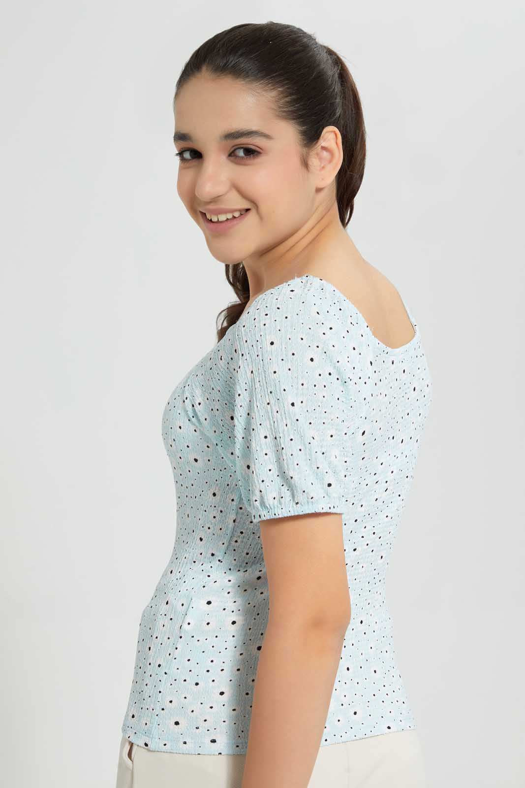 Redtag-Lt-Blue-Floral-Top-+-Pencil-Skirt-Graphic-T-Shirts-Senior-Girls-9 to 14 Years