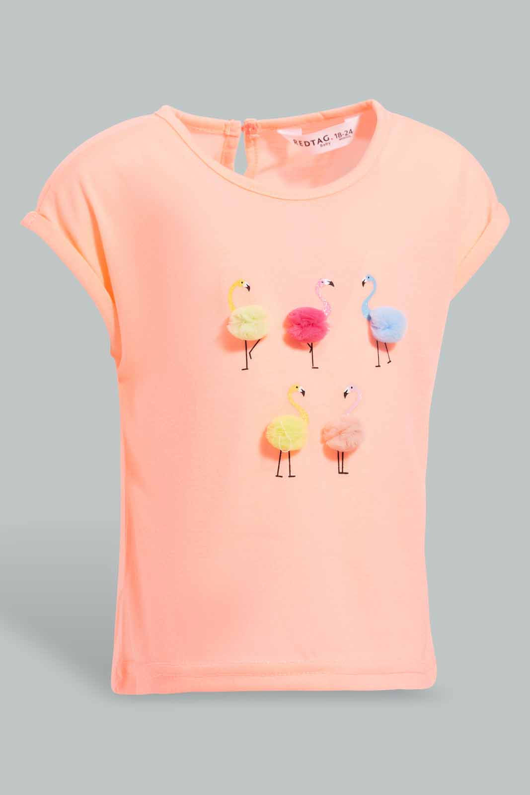 Redtag-Neon-Pink-Flamingo-Artwork-T-Shirt-With-White-Scallop-Hem-Short-Sets-Infant-Girls-3 to 24 Months