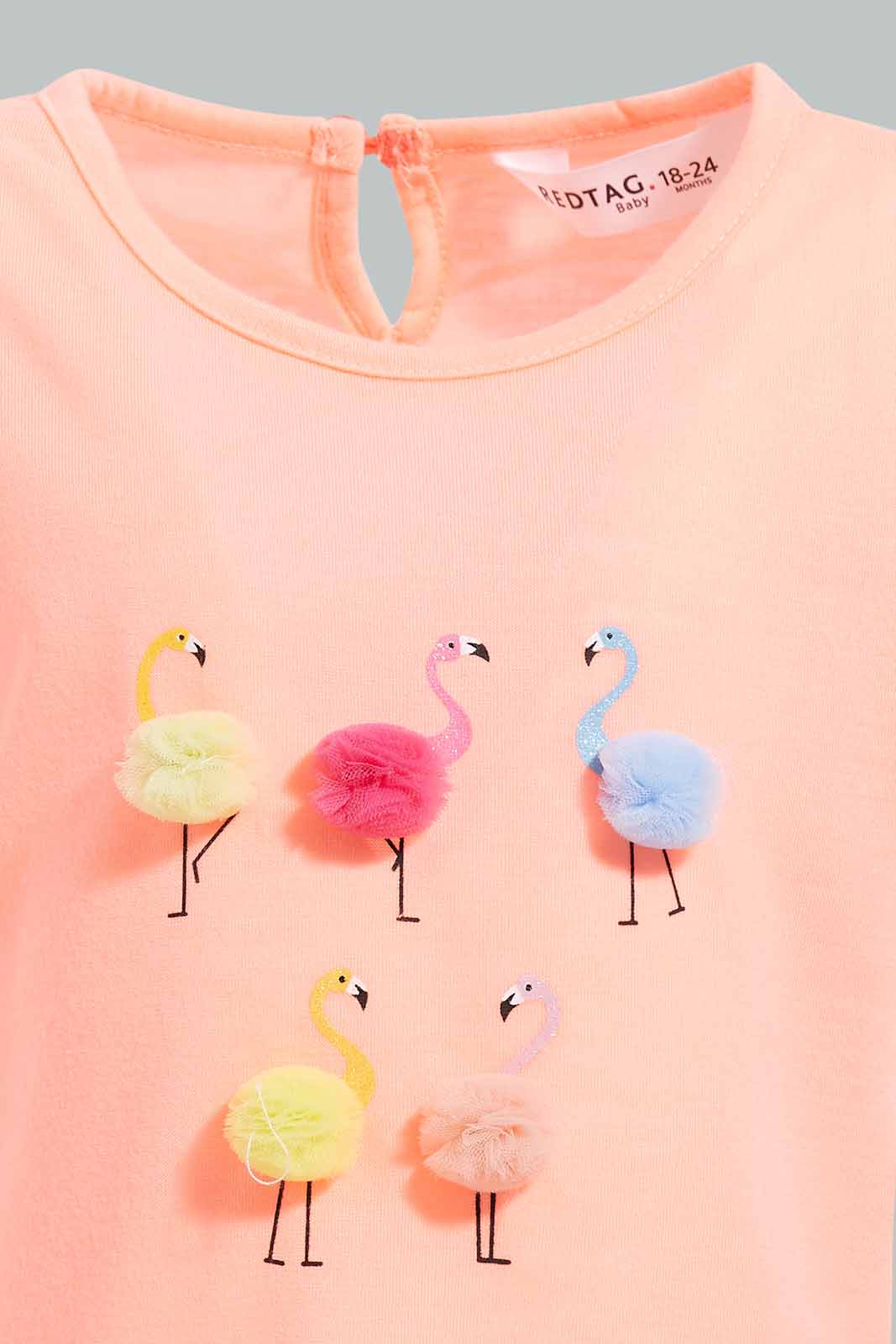 Redtag-Neon-Pink-Flamingo-Artwork-T-Shirt-With-White-Scallop-Hem-Short-Sets-Infant-Girls-3 to 24 Months