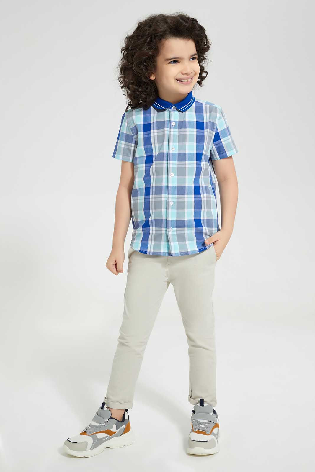 Redtag-Blue-Knitted-Collar-Check-Short-Casual-Shirts-Boys-2 to 8 Years