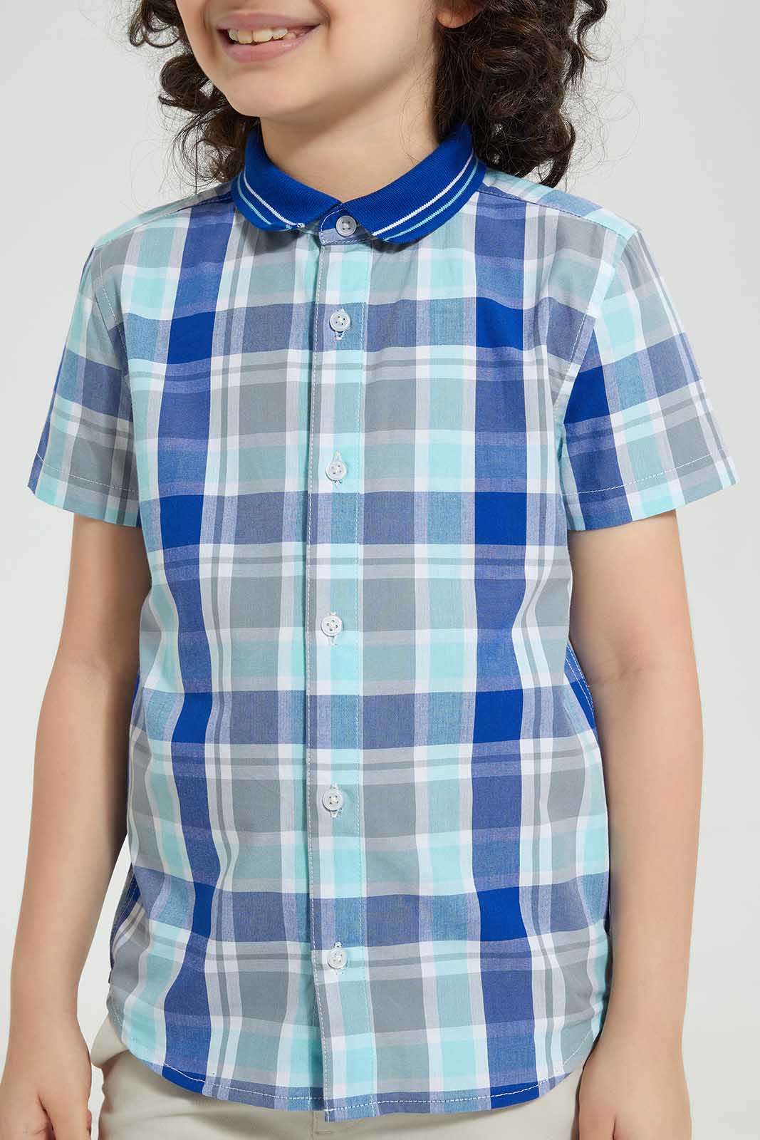 Redtag-Blue-Knitted-Collar-Check-Short-Casual-Shirts-Boys-2 to 8 Years