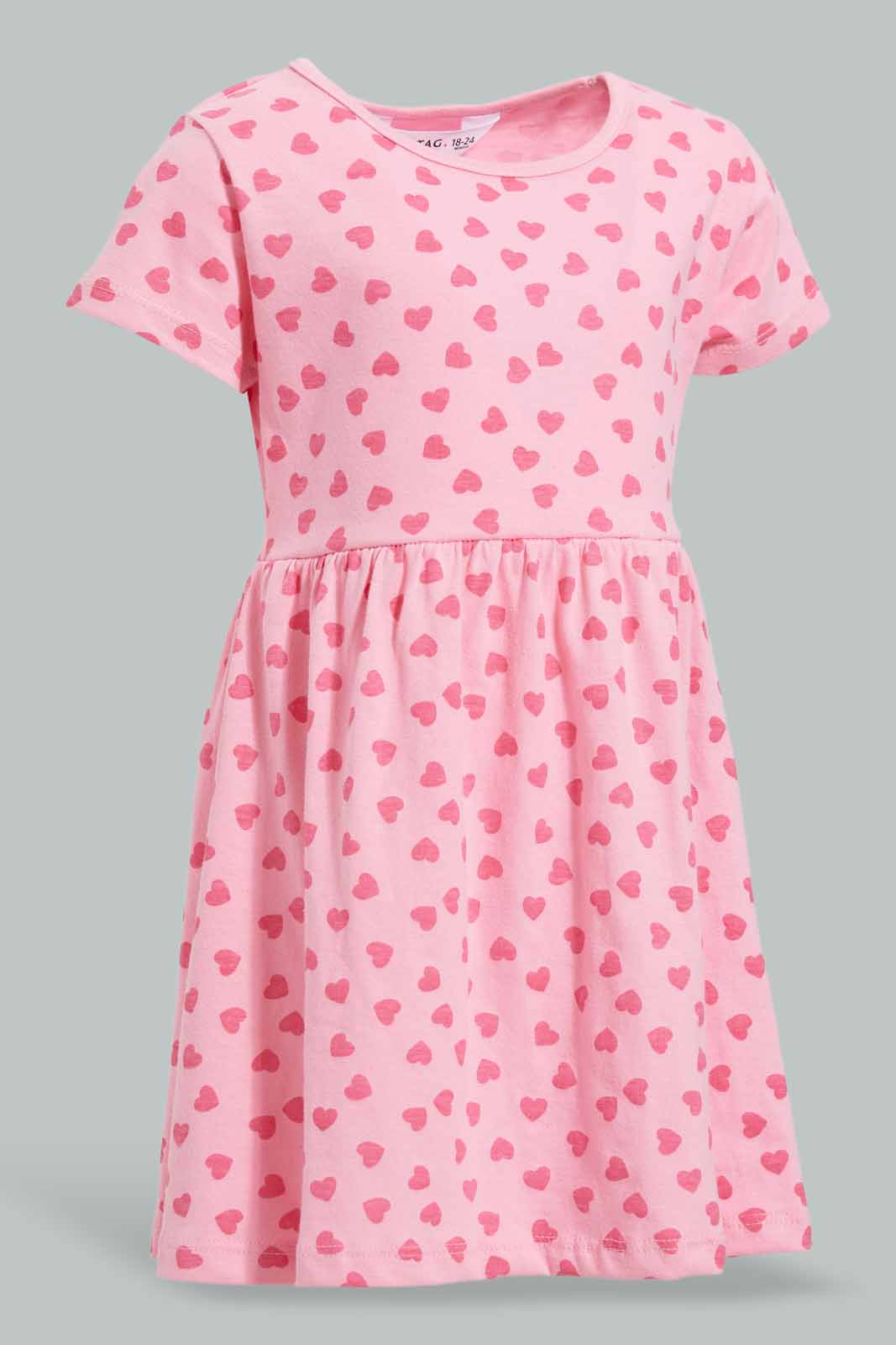 Redtag-Pink-Heart-Printed-Dress-Dresses-Infant-Girls-3 to 24 Months
