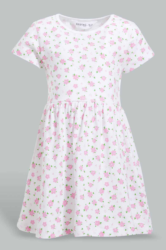 Redtag-Coral-Floral-Printed-Dress-Dresses-Infant-Girls-3 to 24 Months