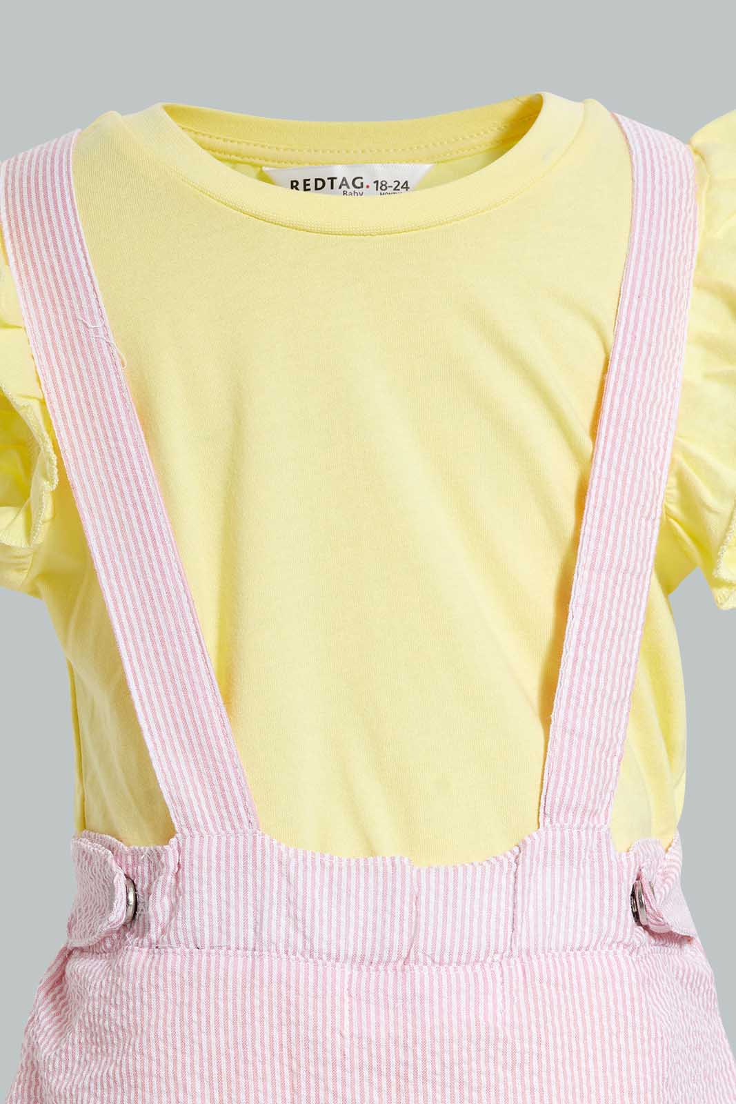 Redtag-Pink-Dungaree-Dress-With-Yellow-T-Shirt-Sets-Infant-Girls-3 to 24 Months