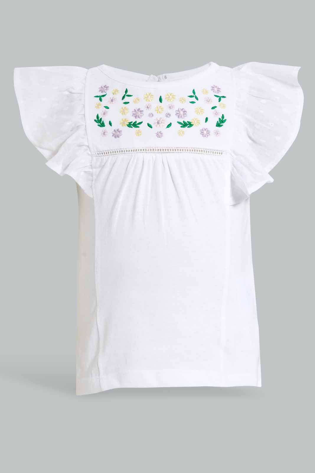Redtag-White-Floral-Yoke-Embroidered-Flutter-Sleeves-Blouse-Blouses-Infant-Girls-3 to 24 Months