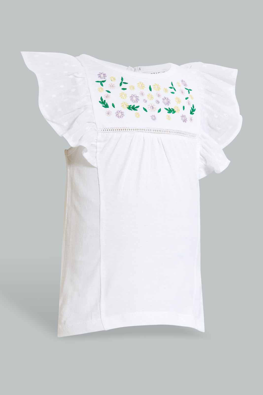 Redtag-White-Floral-Yoke-Embroidered-Flutter-Sleeves-Blouse-Blouses-Infant-Girls-3 to 24 Months