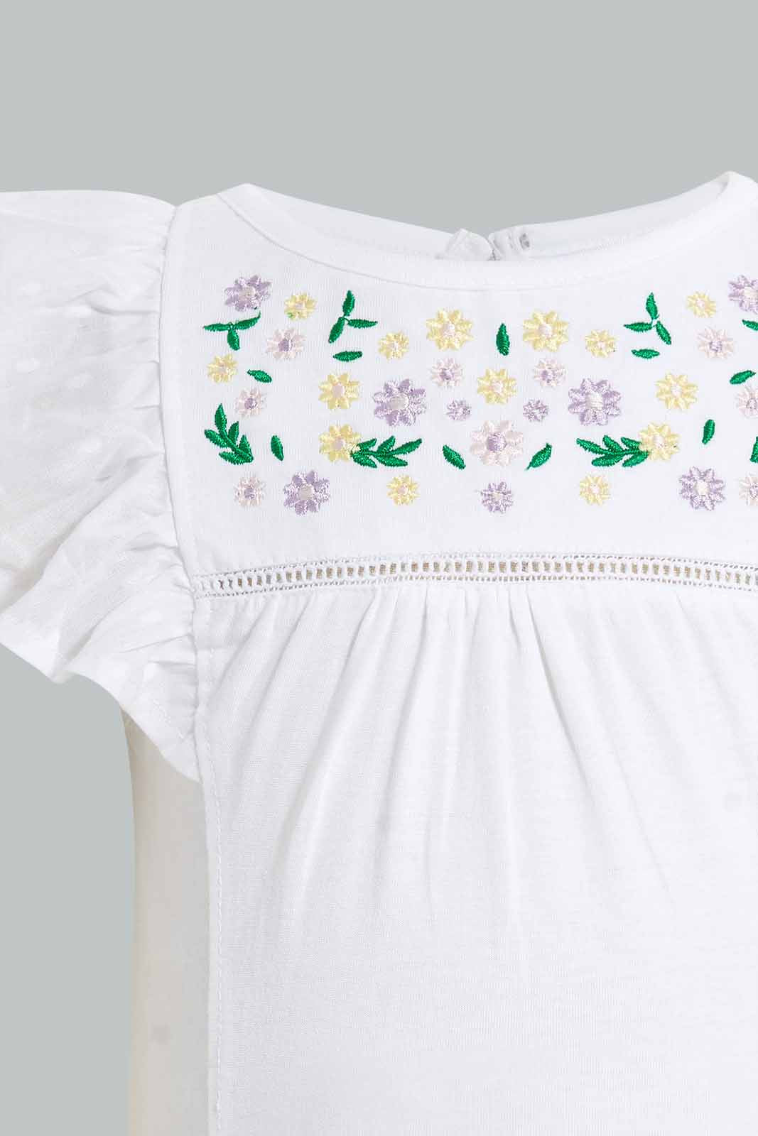 Redtag-White-Floral-Yoke-Embroidered-Flutter-Sleeves-Blouse-Blouses-Infant-Girls-3 to 24 Months