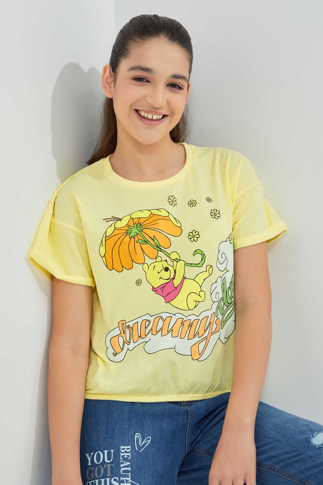 Redtag-Yellow-Winnie-The-Pooh-T-Shirt-Graphic-T-Shirts-Senior-Girls-9 to 14 Years
