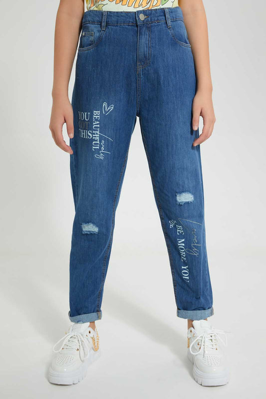 Redtag-Lt-Wash-Printed-Mom'S-Fit-Highrise-Jean-Jeans-High-Rise-Senior-Girls-9 to 14 Years