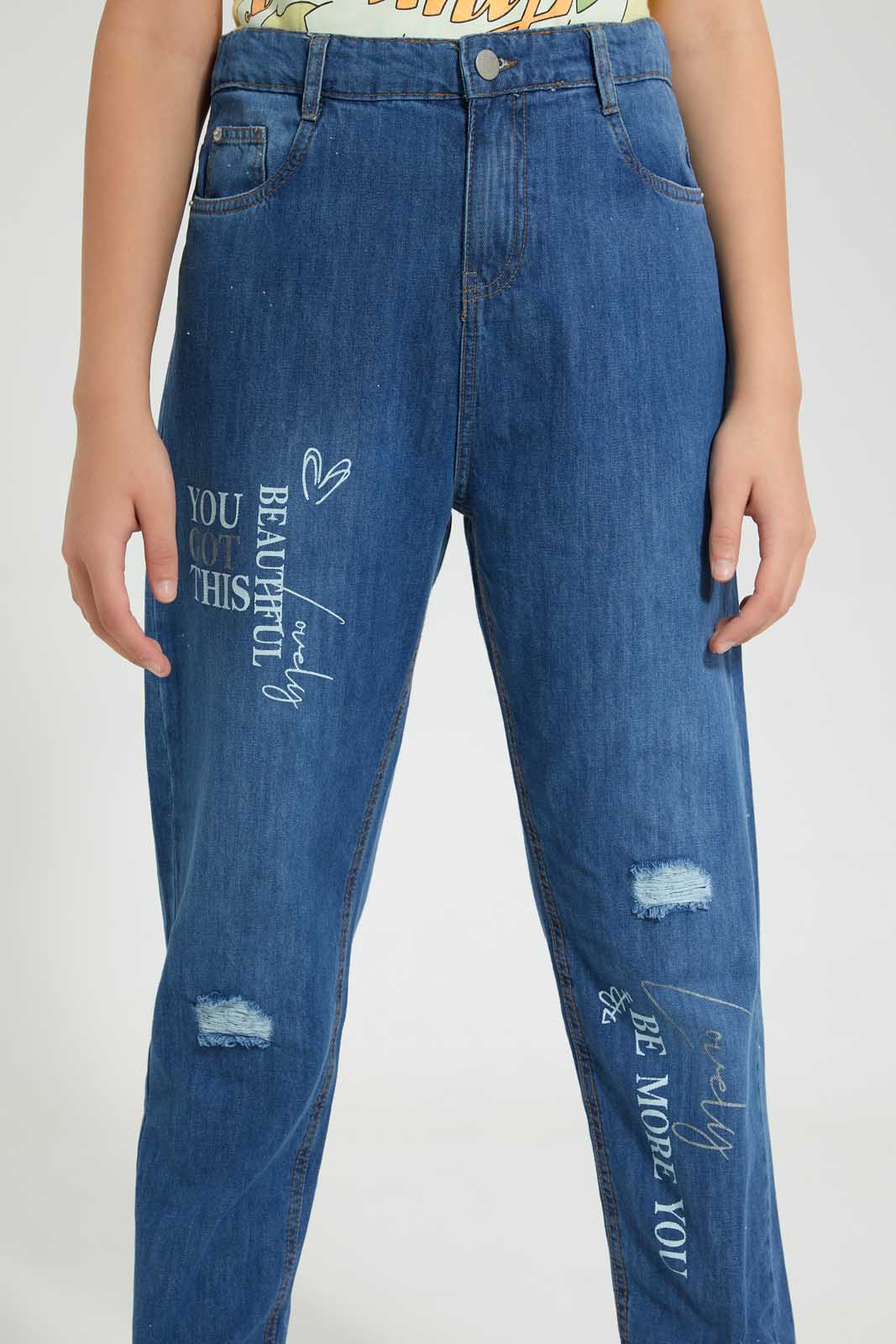 Redtag-Lt-Wash-Printed-Mom'S-Fit-Highrise-Jean-Jeans-High-Rise-Senior-Girls-9 to 14 Years