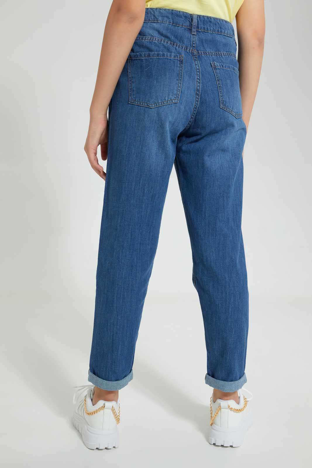 Redtag-Lt-Wash-Printed-Mom'S-Fit-Highrise-Jean-Jeans-High-Rise-Senior-Girls-9 to 14 Years