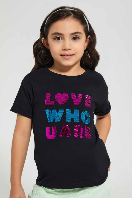 Redtag-Black-Girls-Sequins-T-Shirt-Graphic-T-Shirts-Girls-2 to 8 Years