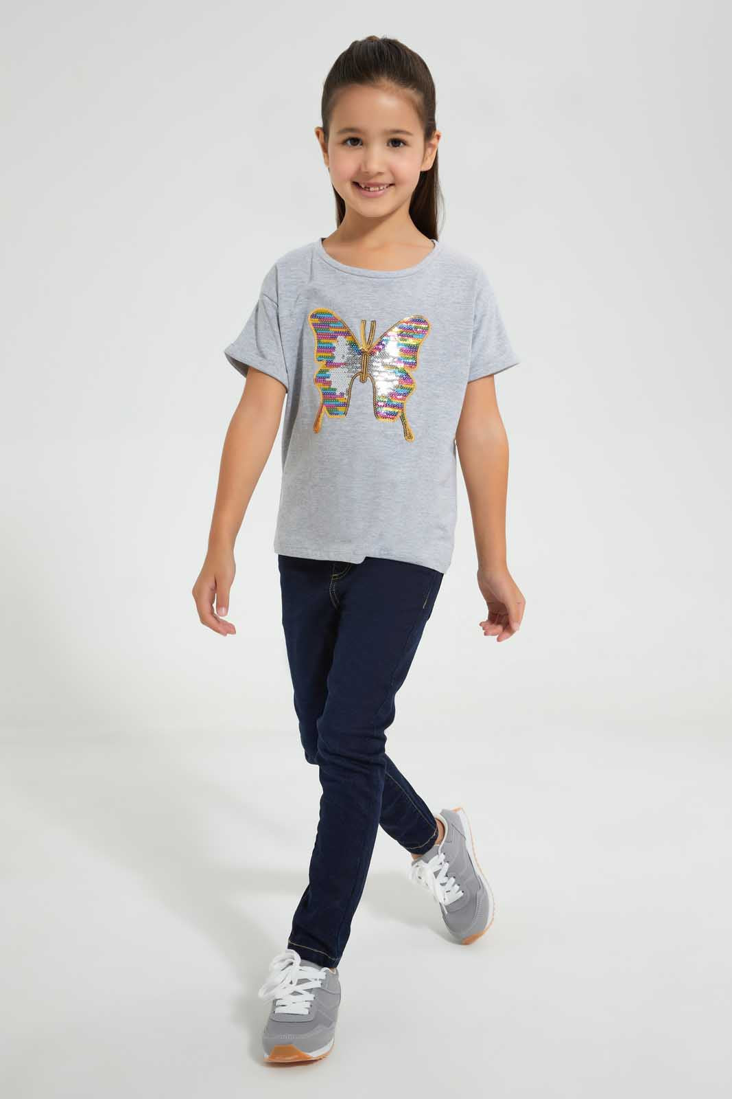 Redtag-Grey-Melange--Girls-Sequins-T-Shirt-Graphic-T-Shirts-Girls-2 to 8 Years