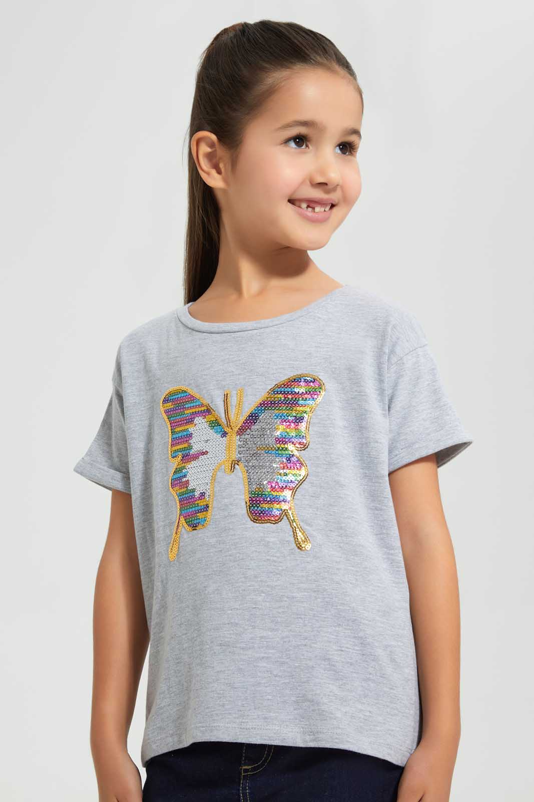 Redtag-Grey-Melange--Girls-Sequins-T-Shirt-Graphic-T-Shirts-Girls-2 to 8 Years