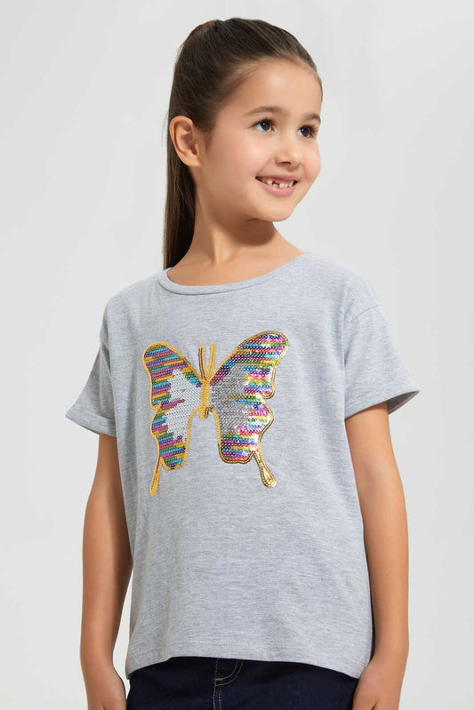 Redtag-Grey-Melange--Girls-Sequins-T-Shirt-Graphic-T-Shirts-Girls-2 to 8 Years