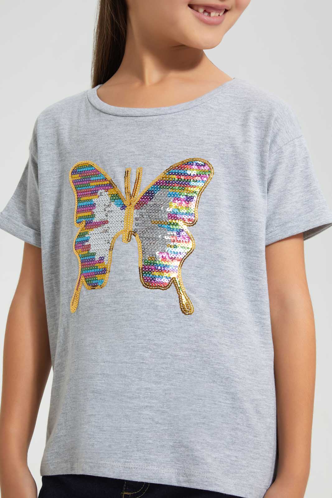 Redtag-Grey-Melange--Girls-Sequins-T-Shirt-Graphic-T-Shirts-Girls-2 to 8 Years