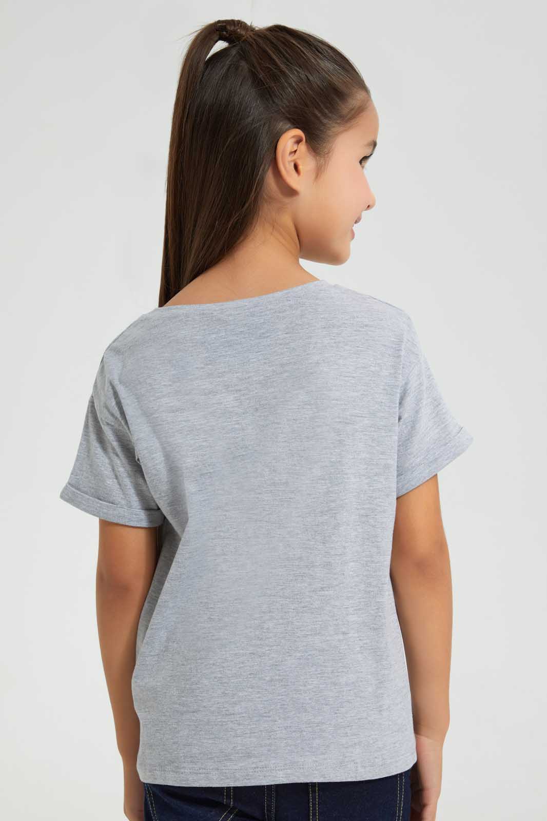Redtag-Grey-Melange--Girls-Sequins-T-Shirt-Graphic-T-Shirts-Girls-2 to 8 Years