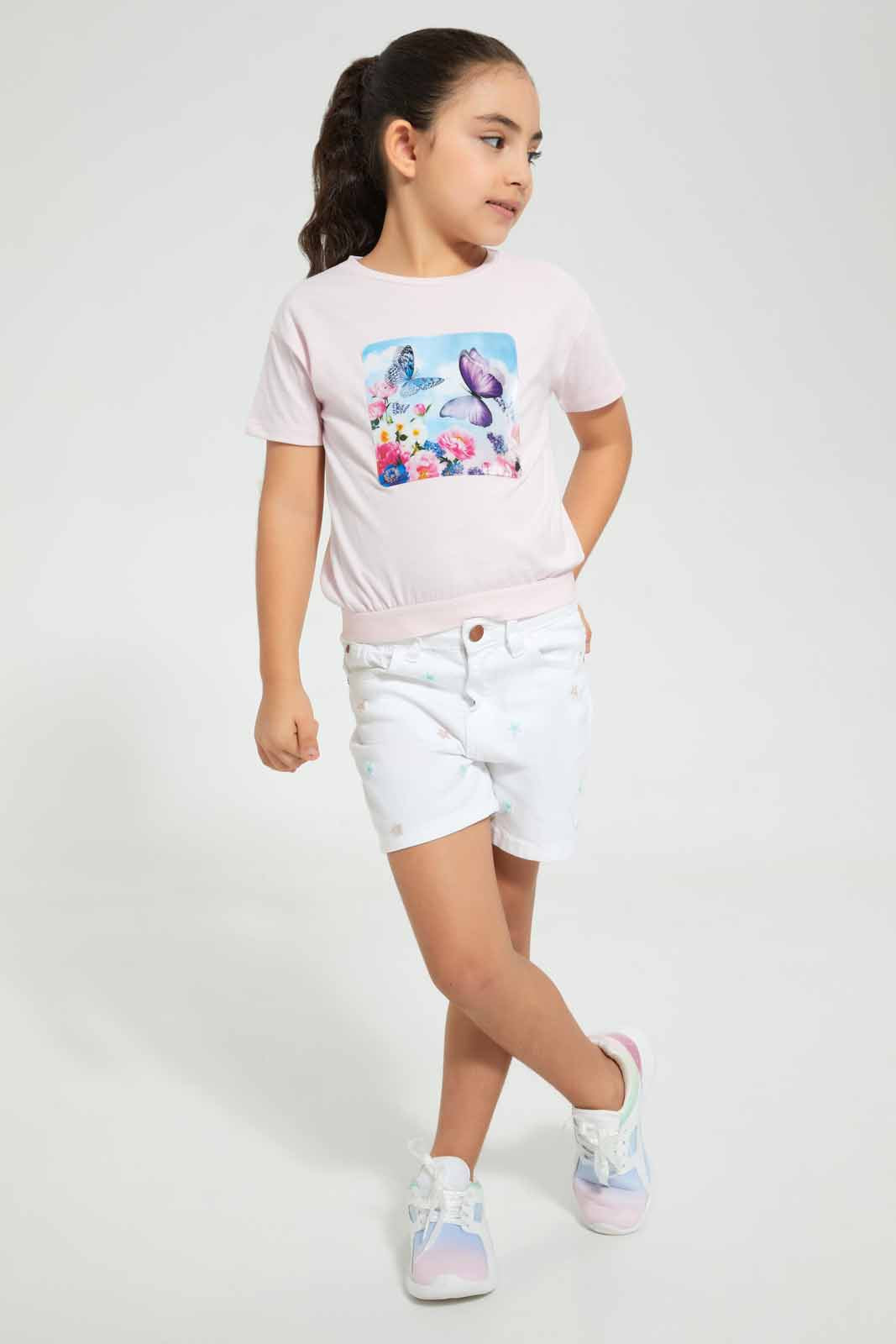 Redtag-Pink-Girls-3D-Holographic-Patch-T-Shirt-Graphic-T-Shirts-Girls-2 to 8 Years