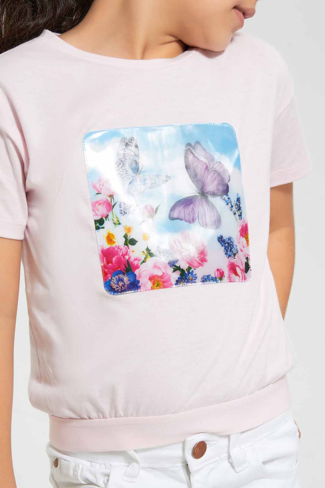 Redtag-Pink-Girls-3D-Holographic-Patch-T-Shirt-Graphic-T-Shirts-Girls-2 to 8 Years