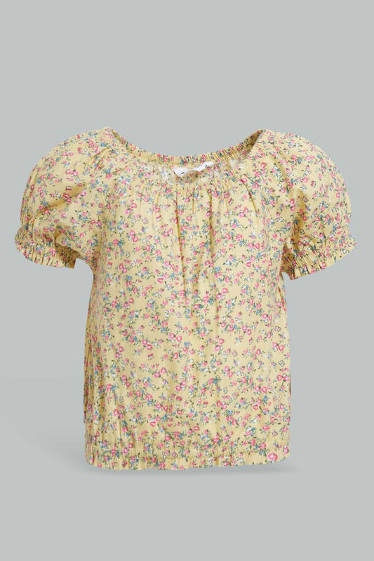 Redtag-Yellow-Floral-Aop-Electic-Hem-Blouse-Blouses-Infant-Girls-3 to 24 Months