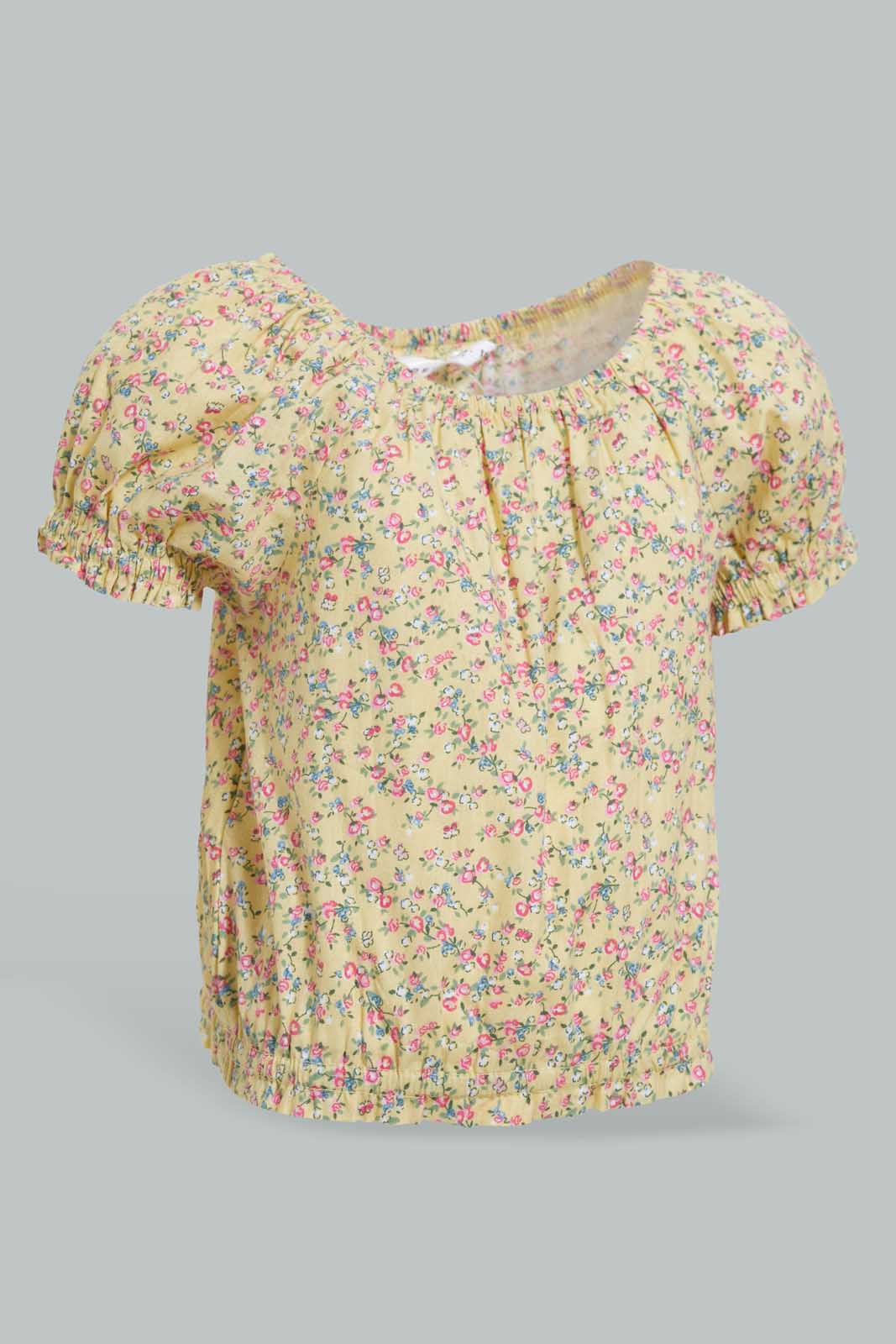 Redtag-Yellow-Floral-Aop-Electic-Hem-Blouse-Blouses-Infant-Girls-3 to 24 Months