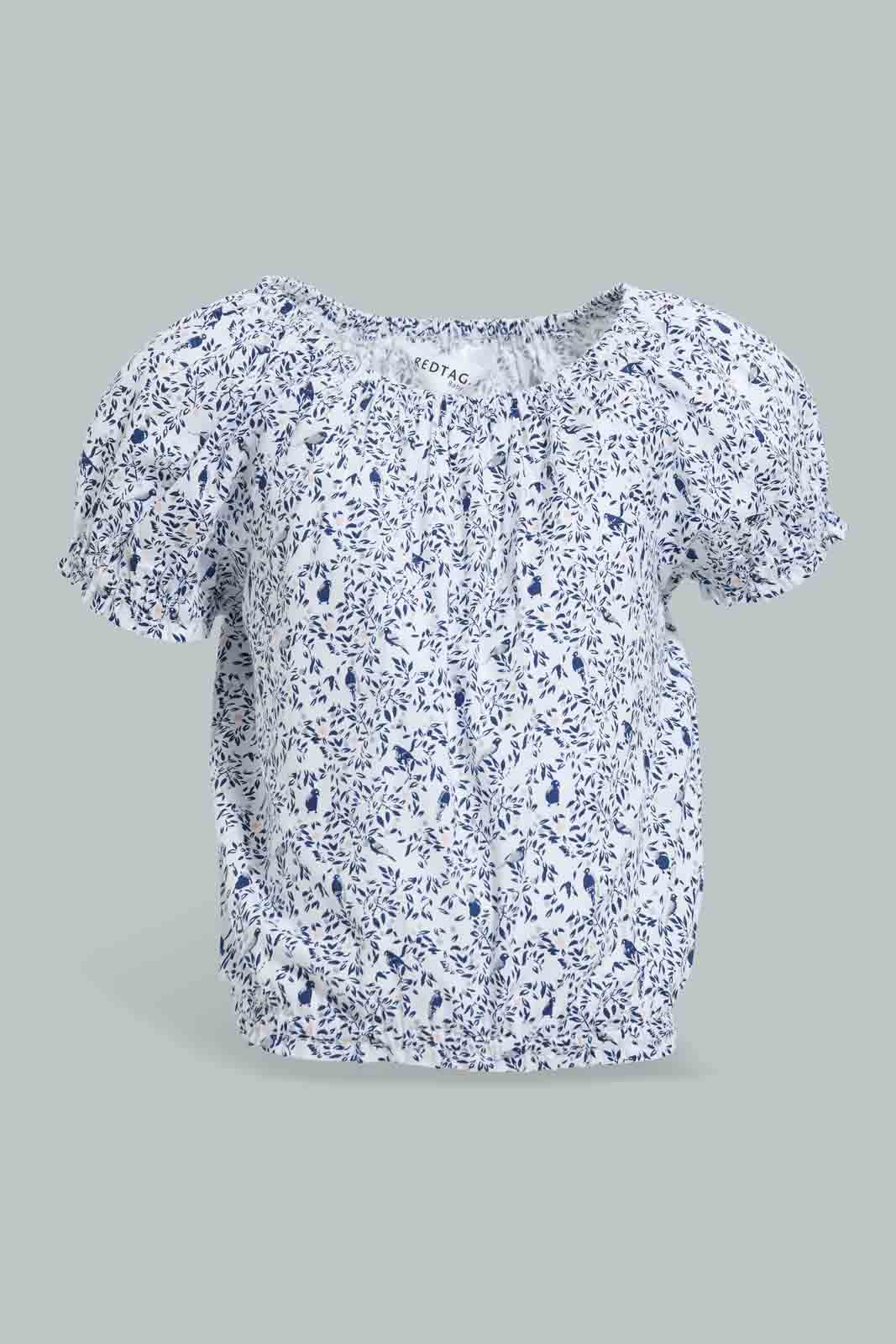Redtag-Blue-Floral-Aop-Electic-Hem-Blouse-Blouses-Infant-Girls-3 to 24 Months
