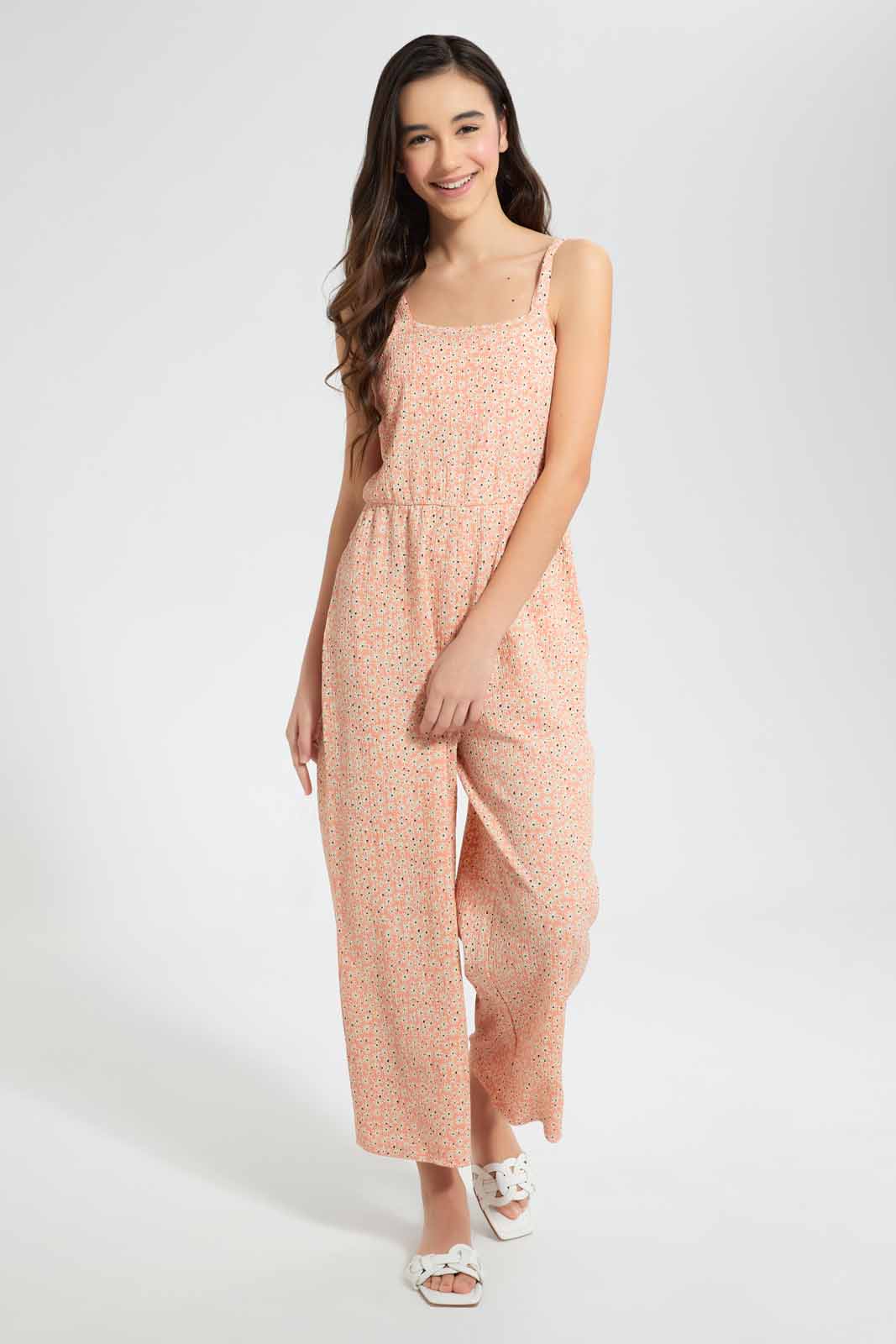 Redtag-Pink-Ditsy-Print-Jumpsuit-Category:Dresses,-Colour:Apricot,-Deals:New-In,-Filter:Senior-Girls-(9-to-14-Yrs),-GSR-Dresses,-New-In-GSR-APL,-Non-Sale,-S22D,-Section:Girls-(0-to-14Yrs)-Senior-Girls-9 to 14 Years