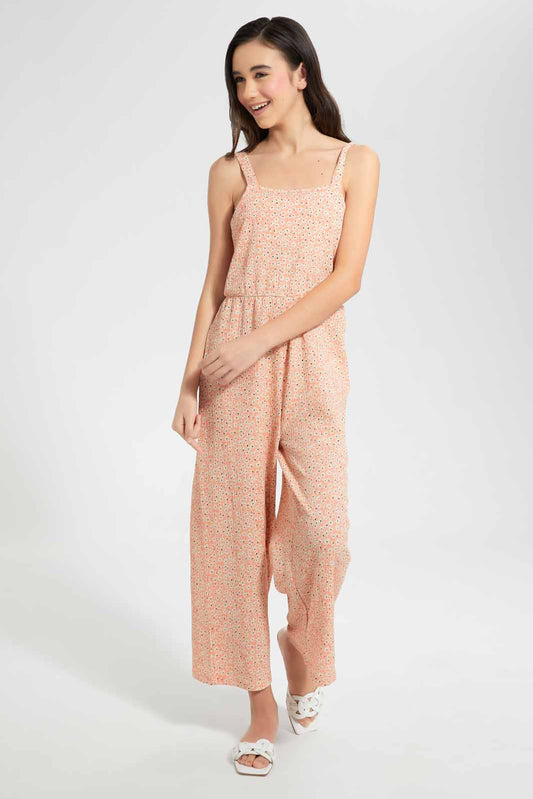 Redtag-Pink-Ditsy-Print-Jumpsuit-Category:Dresses,-Colour:Apricot,-Deals:New-In,-Filter:Senior-Girls-(9-to-14-Yrs),-GSR-Dresses,-New-In-GSR-APL,-Non-Sale,-S22D,-Section:Girls-(0-to-14Yrs)-Senior-Girls-9 to 14 Years