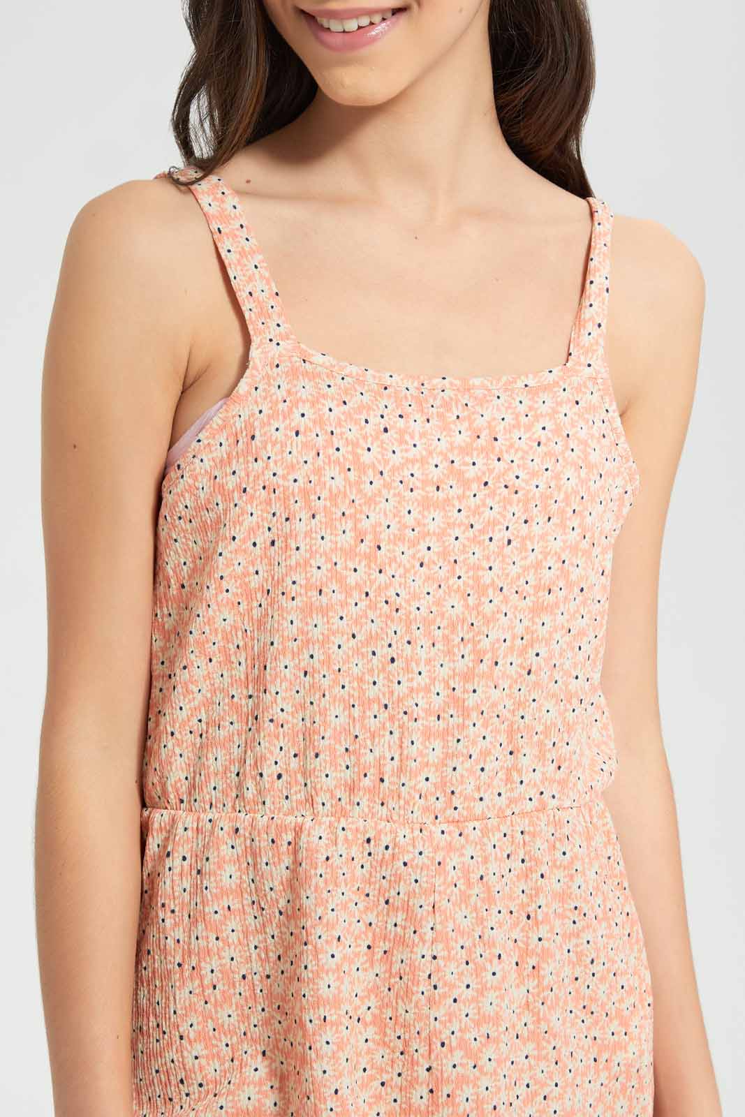 Redtag-Pink-Ditsy-Print-Jumpsuit-Category:Dresses,-Colour:Apricot,-Deals:New-In,-Filter:Senior-Girls-(9-to-14-Yrs),-GSR-Dresses,-New-In-GSR-APL,-Non-Sale,-S22D,-Section:Girls-(0-to-14Yrs)-Senior-Girls-9 to 14 Years
