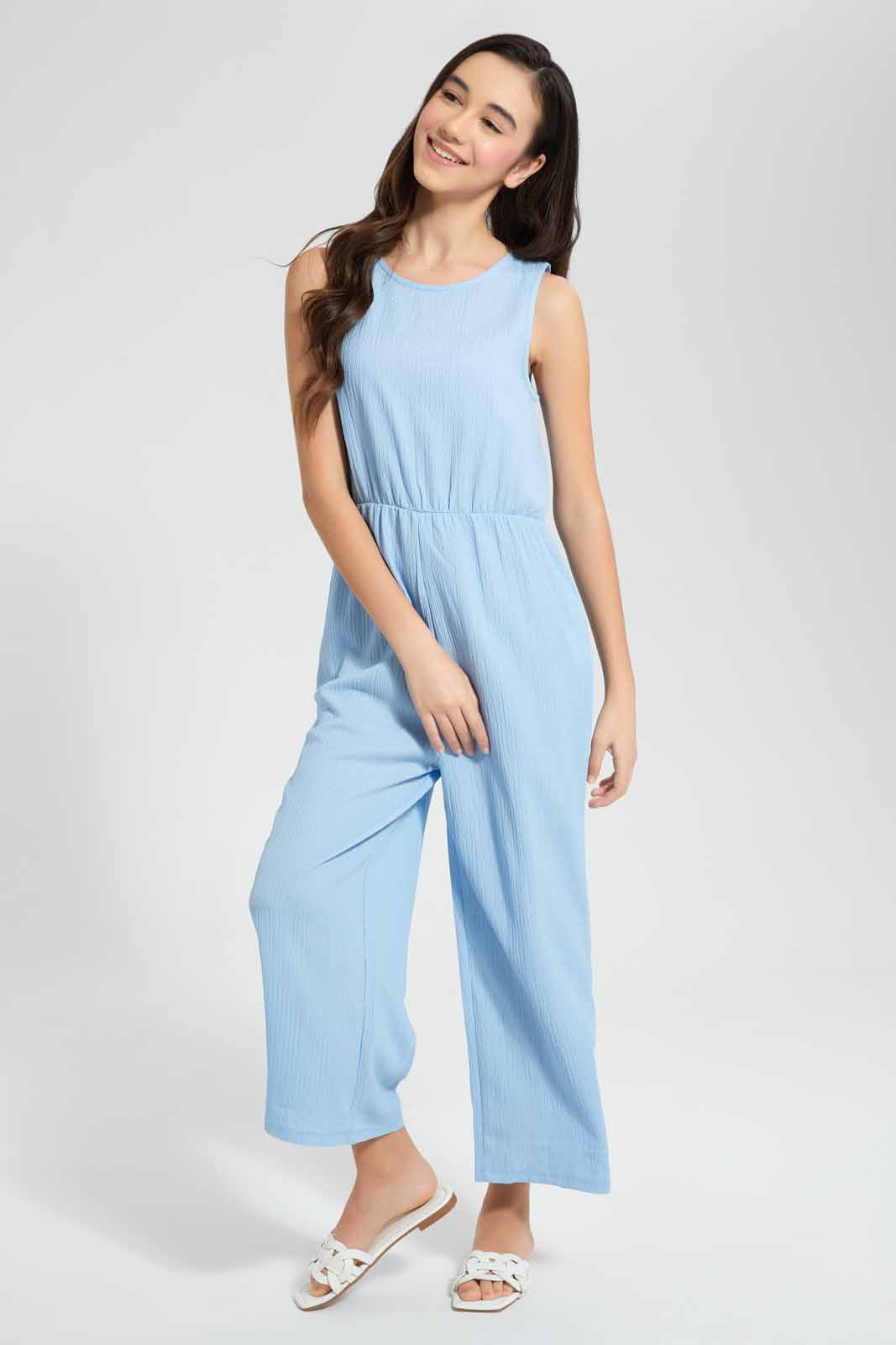 Redtag-Blue-Jacquard-Jumpsuit-Category:Dresses,-Colour:Blue,-Deals:New-In,-Filter:Senior-Girls-(9-to-14-Yrs),-GSR-Dresses,-New-In-GSR-APL,-Non-Sale,-S22D,-Section:Girls-(0-to-14Yrs)-Senior-Girls-9 to 14 Years