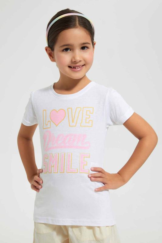 Redtag-White-Girls-Foil-Printed-T-Shirt-Graphic-T-Shirts-Girls-2 to 8 Years