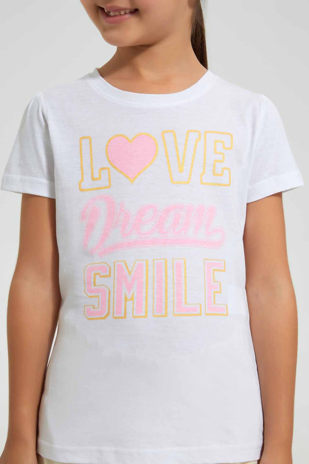 Redtag-White-Girls-Foil-Printed-T-Shirt-Graphic-T-Shirts-Girls-2 to 8 Years