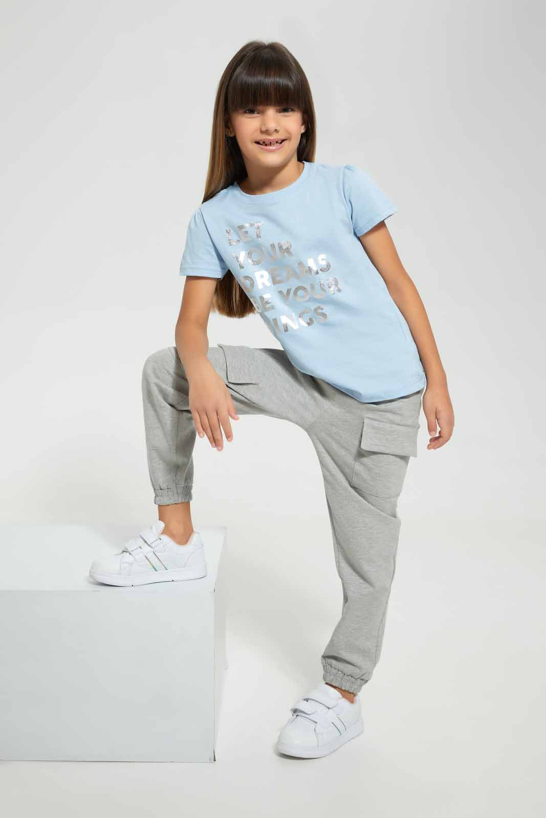 Redtag-Sky-Blue-Girls-Foil-Printed-T-Shirt-Graphic-T-Shirts-Girls-2 to 8 Years